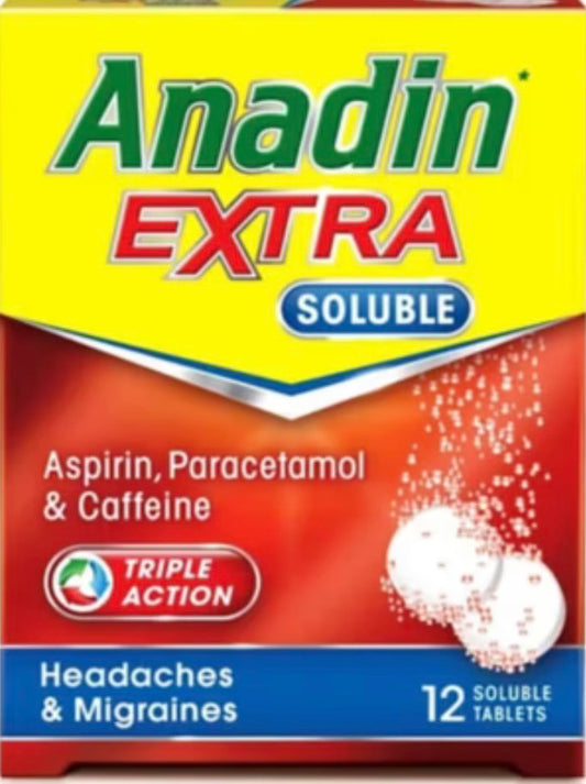 ANADIN EXTRA SOLUBLE aspirin, paracetamol and caffeine Triple action headaches and migraines 12 soluble tablets