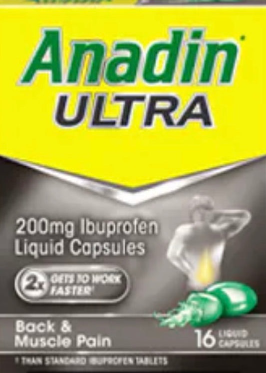 Anadin ULTRA 200mg ibuprofen Liquid capsules 2x GETS TO WORK FASTER BACK AND MUSCLE PAIN 16 LIQUID CAPSULES