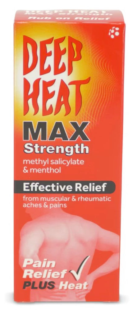 DEEP HEAT MAX strength methyl salicylate and menthol Effective Relief from muscular and rheumatic aches and pains. Pain Relief PLUS Heat