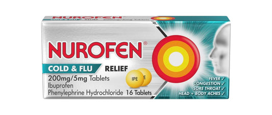 NUROFEN COLD AND FLU RELIEF 200mg/5mg Tablets ibuprofen Phenylephrine hydrochloride 16 tablets