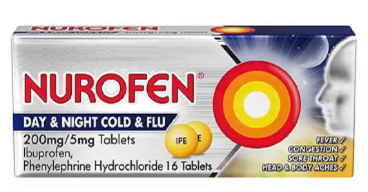 NUROFEN DAY AND NIGHT COLD AND FLU 200 mg/5mg Tablets Ibuprofen,phenlyephrine hydrocholoride 16 Tablets