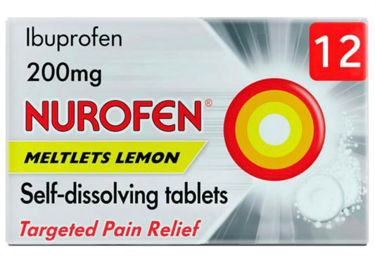 NUROFEN MELTLETS LEMON 200mg Ibuprofen targeted pain relief 12 self dissolving tablets