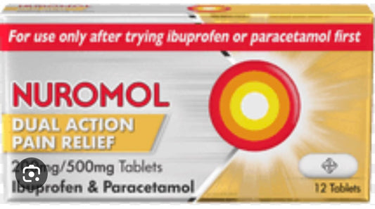 NUROMOL DUAL ACTION PAIN RELIEF 200mg/500mg Tablets ibuprofen and paracetamol 12 Tablets