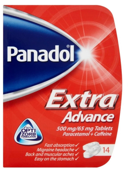 panadol Extra advance 500mg/65 mg Tablets paracetamol and caffeine extra effective pain relief Fast absorption 14 Tablets