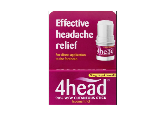 4head effective headache relief for direct application to the forehead Non greasy and colourless 90% W/W CUTANEOUS STICK levomenthol